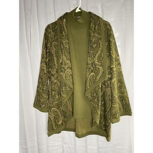 Nina Leonard Sweater Set XS Green Paisley Drape Cardigan Turtleneck Boho Cottage